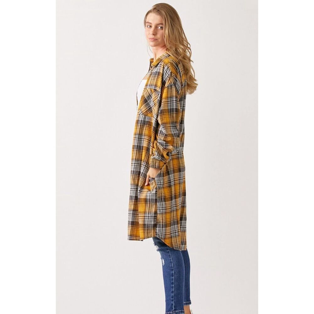 Risen Sunflower Yellow Plaid Cotton Button Down High-Low Long Shirt Jacket NWT - Picture 3 of 3